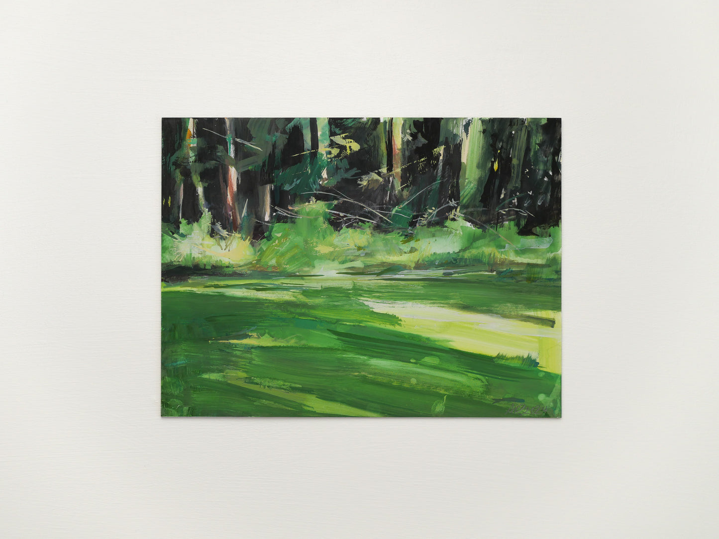 Painterly gouache on mineral paper depicting light falling across a summer lawn and hitting trees along the woods perimeter.