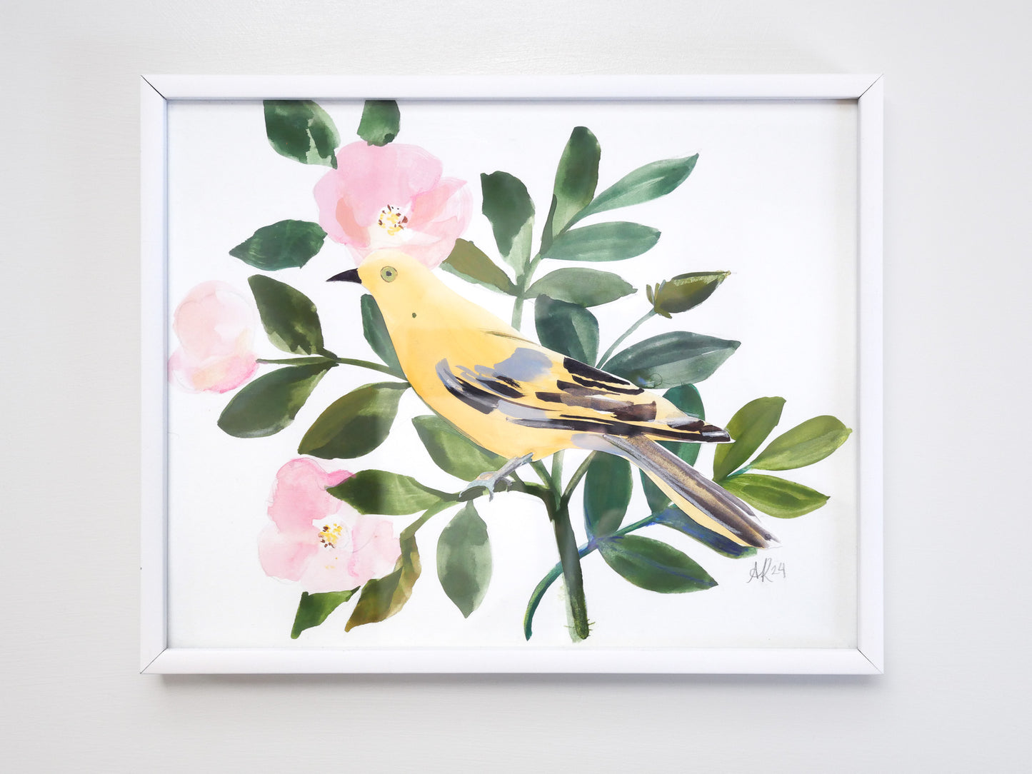 Gouache collage featuring yellow bird among beach roses. Original contemporary artwork with clean composition and painterly botanical elements.