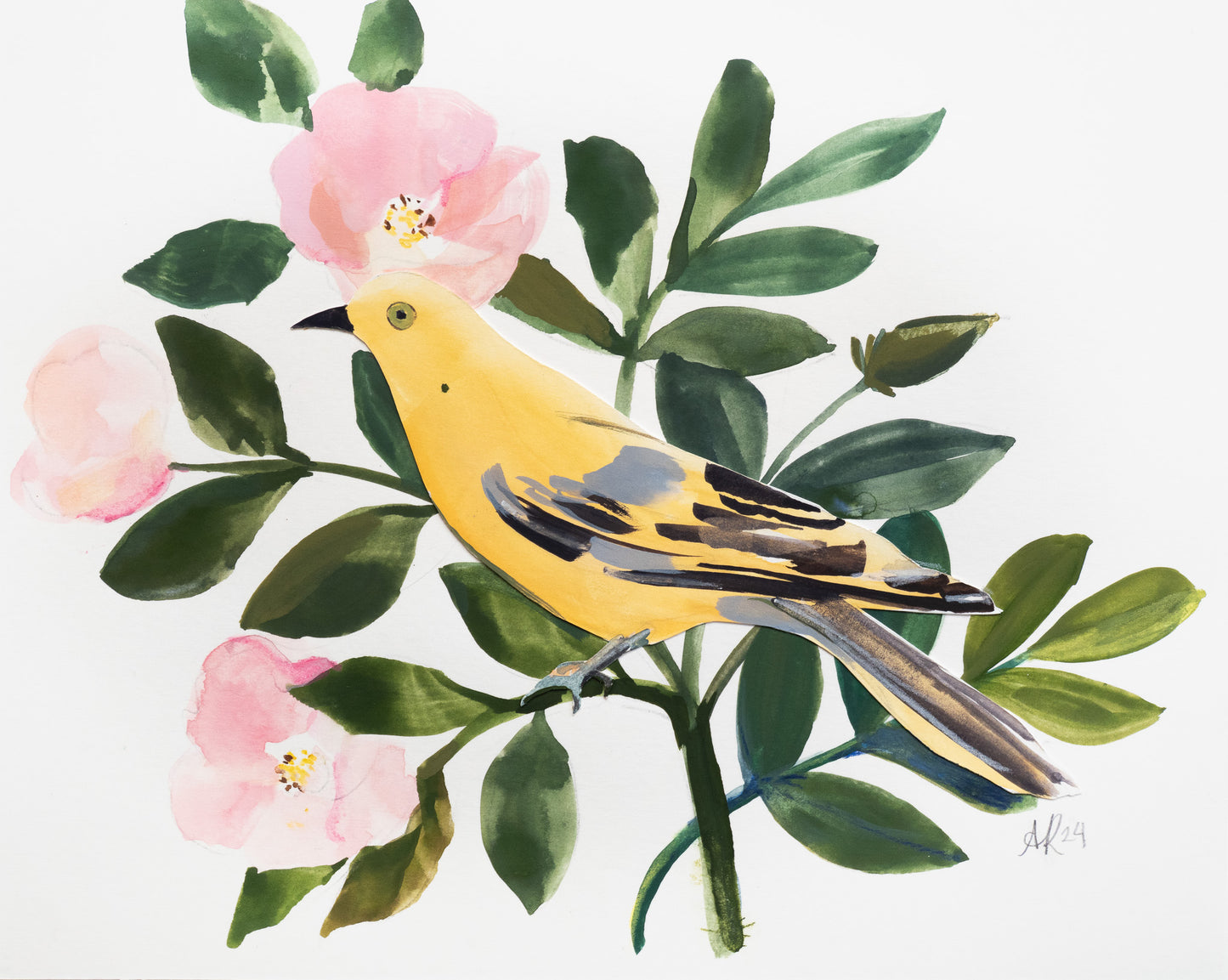 Gouache collage featuring yellow bird among beach roses. Original contemporary artwork with clean composition and painterly botanical elements.