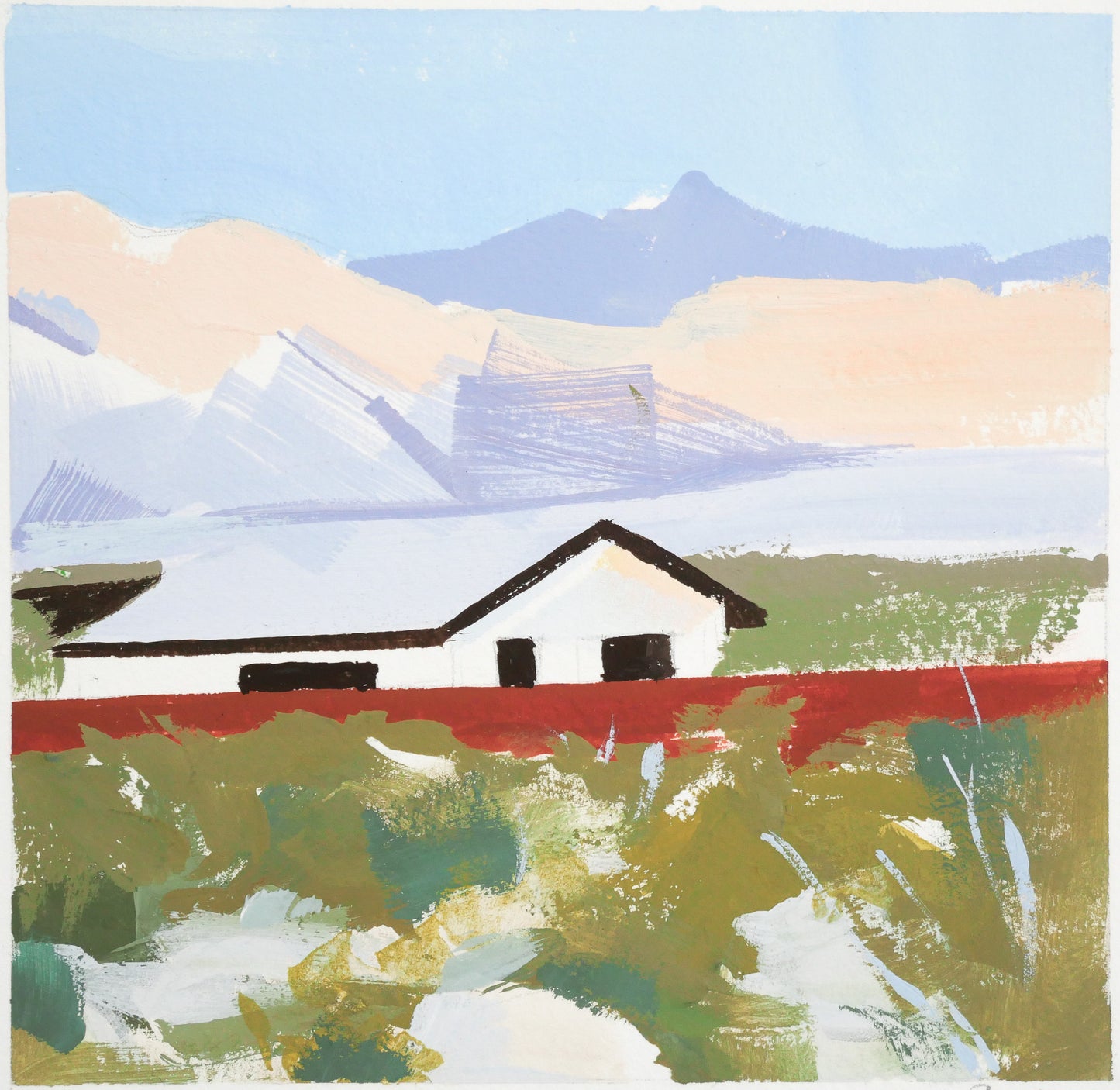 Graphic gouache painting on cold press paper featuring a desert home, foliage and mountains. A bold, modern composition with clean shapes and layered color in olive greens, burnt red, lavender hues and peach tones.
