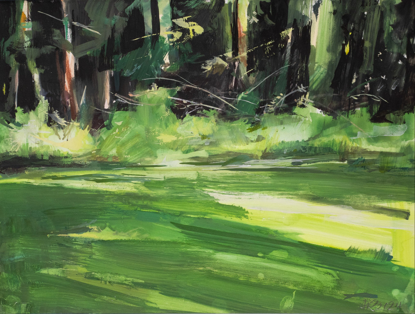 Painterly gouache on mineral paper depicting light falling across a summer lawn and hitting trees along the woods perimeter.