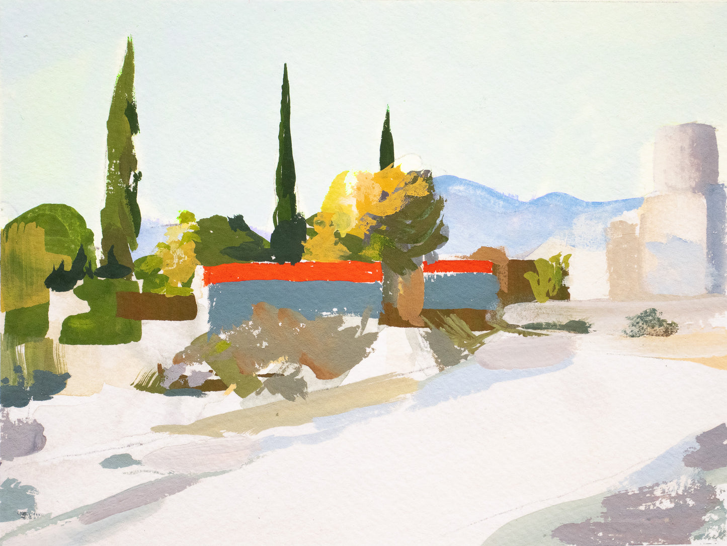 Bright modern desert landscape with trees, buildings, and bold color. Red-lidded dumpsters create bold geometric graphic shapes in the composition.