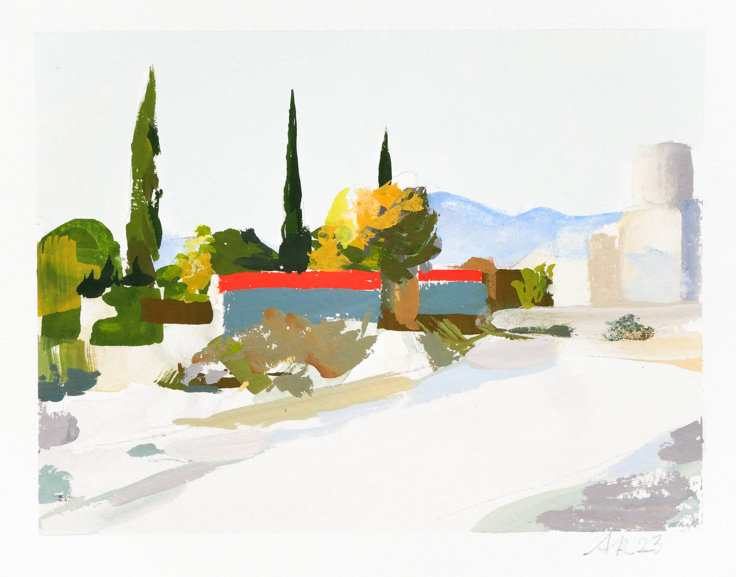 Bright modern desert landscape with trees, buildings, and bold color. Red-lidded dumpsters create bold geometric graphic shapes in the composition.