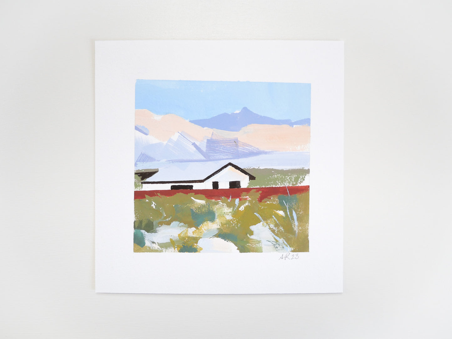 Graphic gouache painting on cold press paper featuring a desert home, foliage and mountains. A bold, modern composition with clean shapes and layered color in olive greens, burnt red, lavender hues and peach tones.