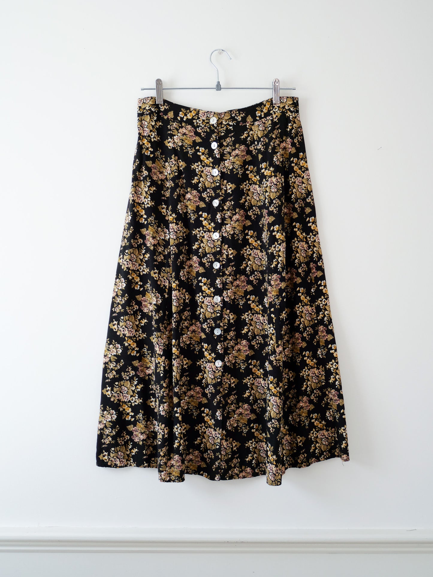 Vintage Black Floral Skirt with Pearly Buttons, Size M