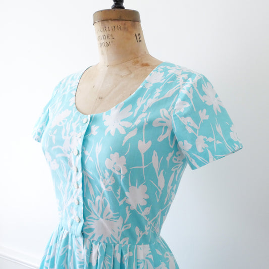 Vintage Sky Blue Cotton Floral Dress, Size S/M