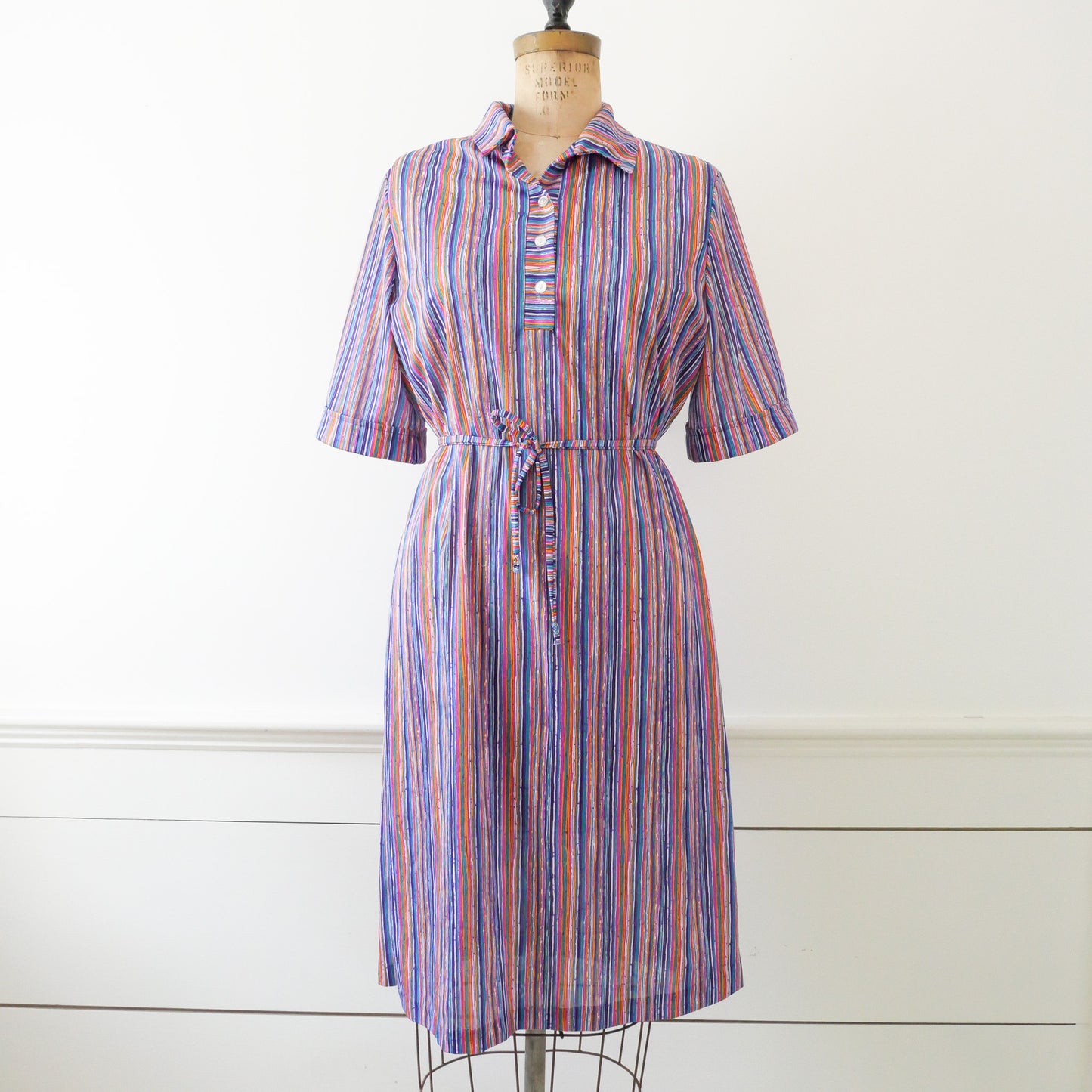 70s striped shirt dress with tie, Size L