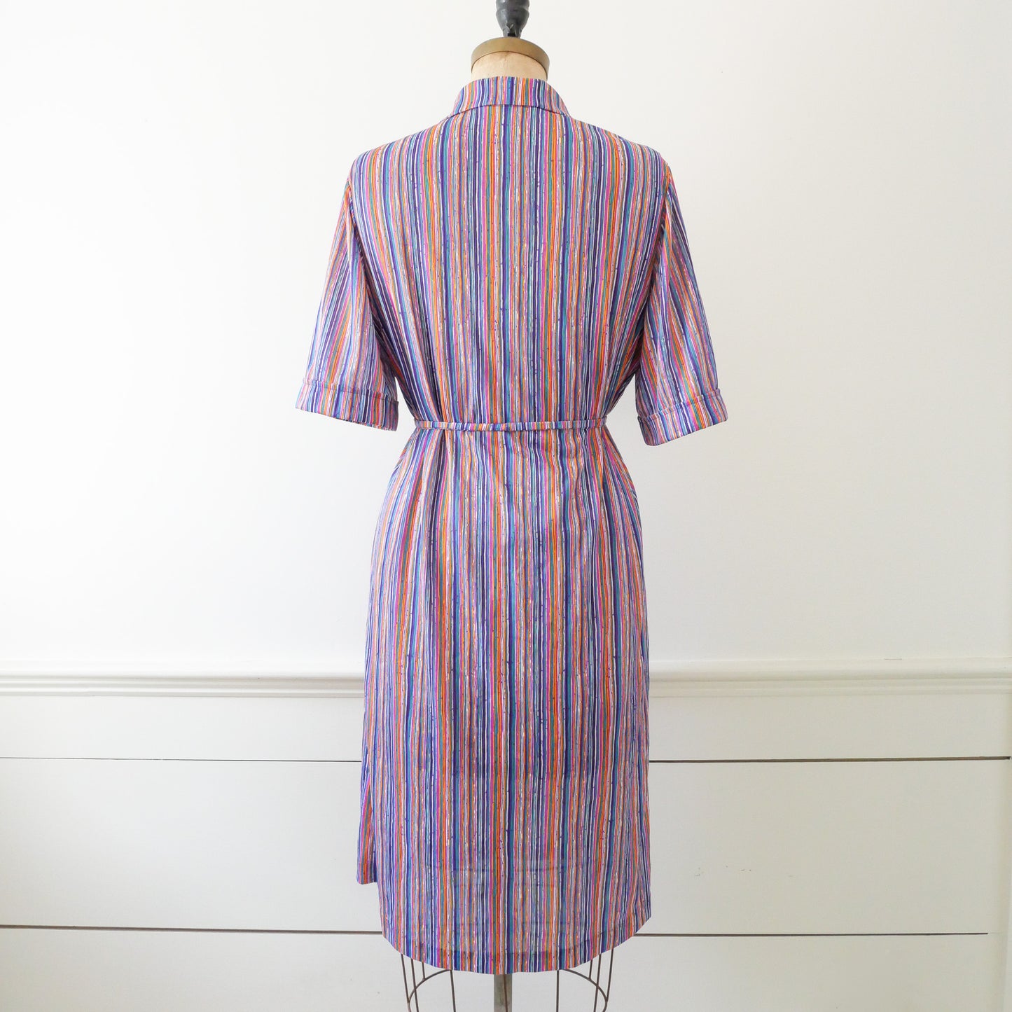 70s striped shirt dress with tie, Size L