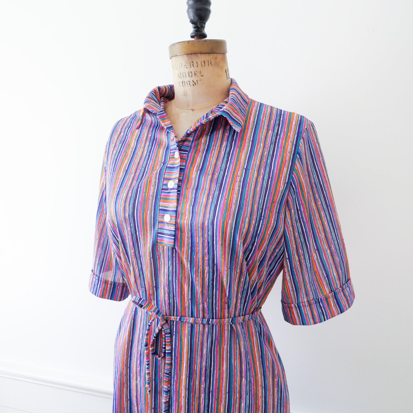 70s striped shirt dress with tie, Size L