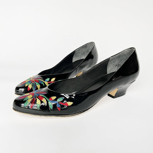 Vintage Patent Leather Embroidered Heels, Size 6