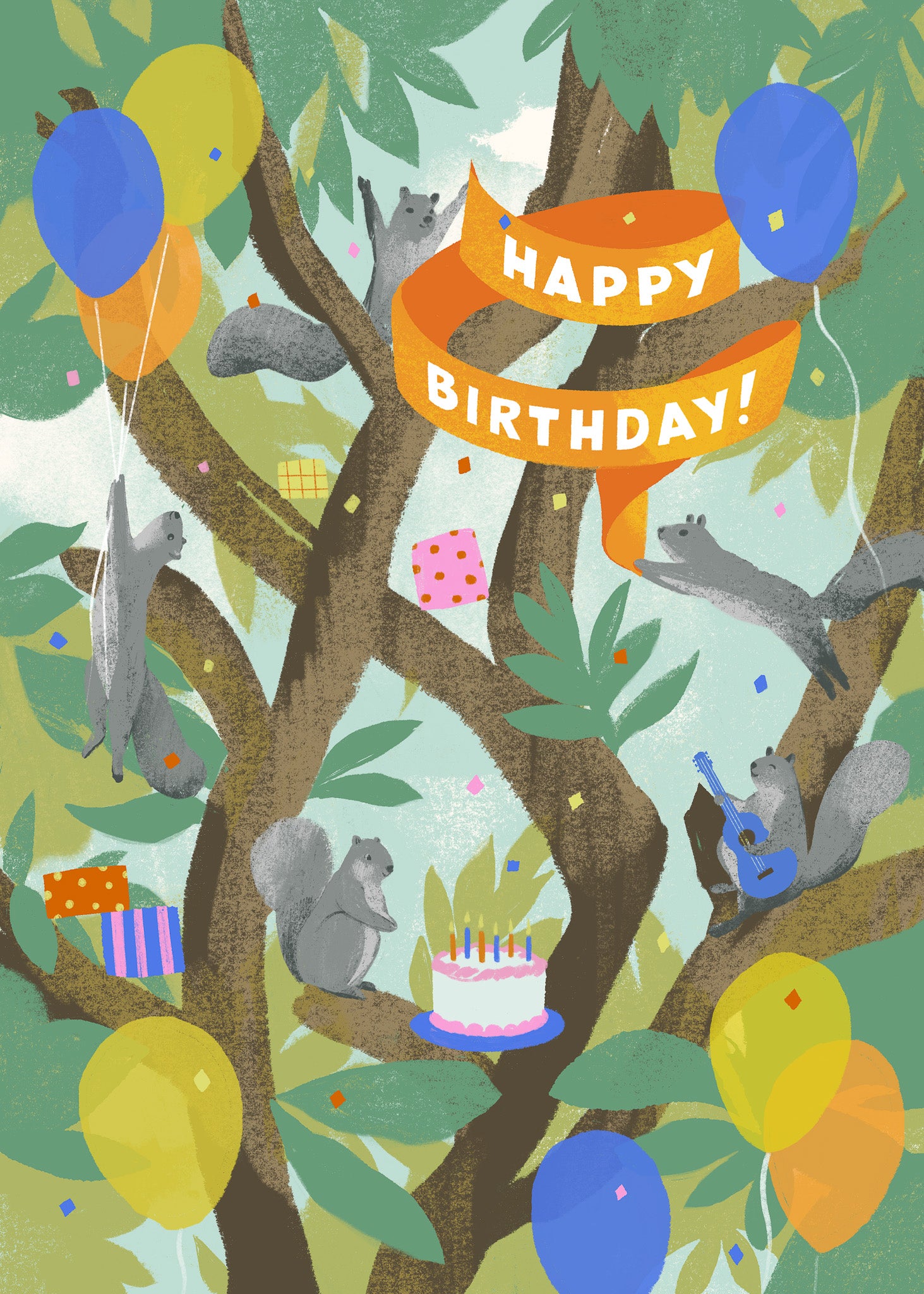 Illustration of squirrels and balloons having a birthday party in a tree
