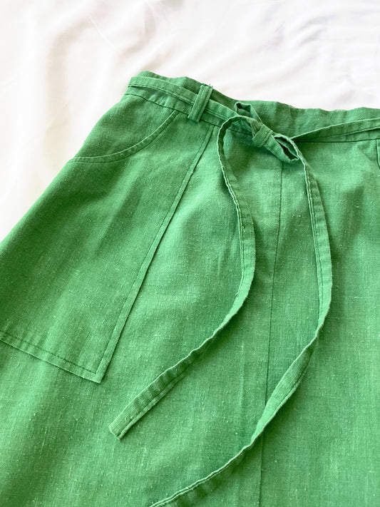 70s Green Cotton Wrap Skirt, Size M