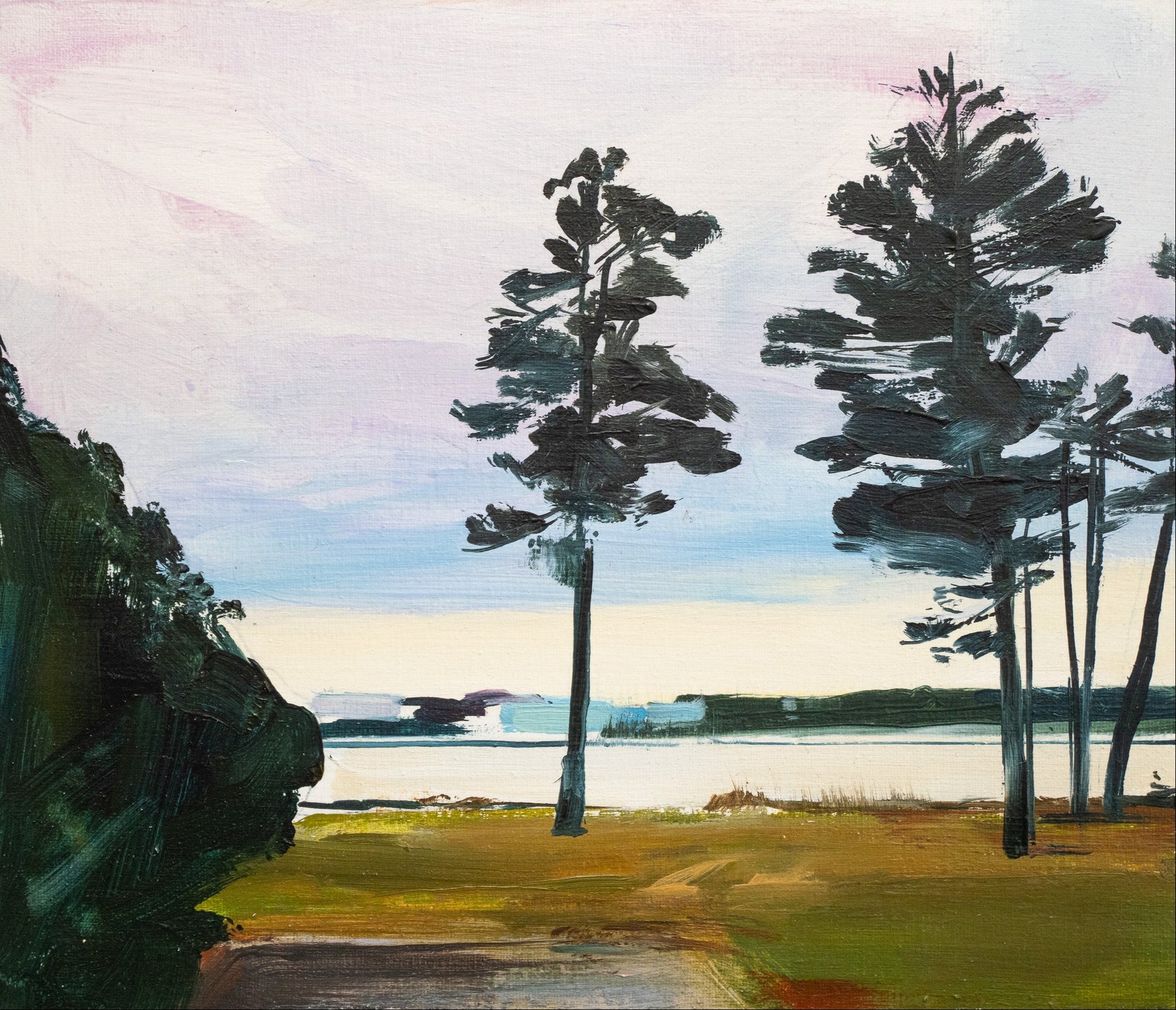 Oil landscape painting featuring tall pines by a river. The trees are in shadow against the bright evening sky.